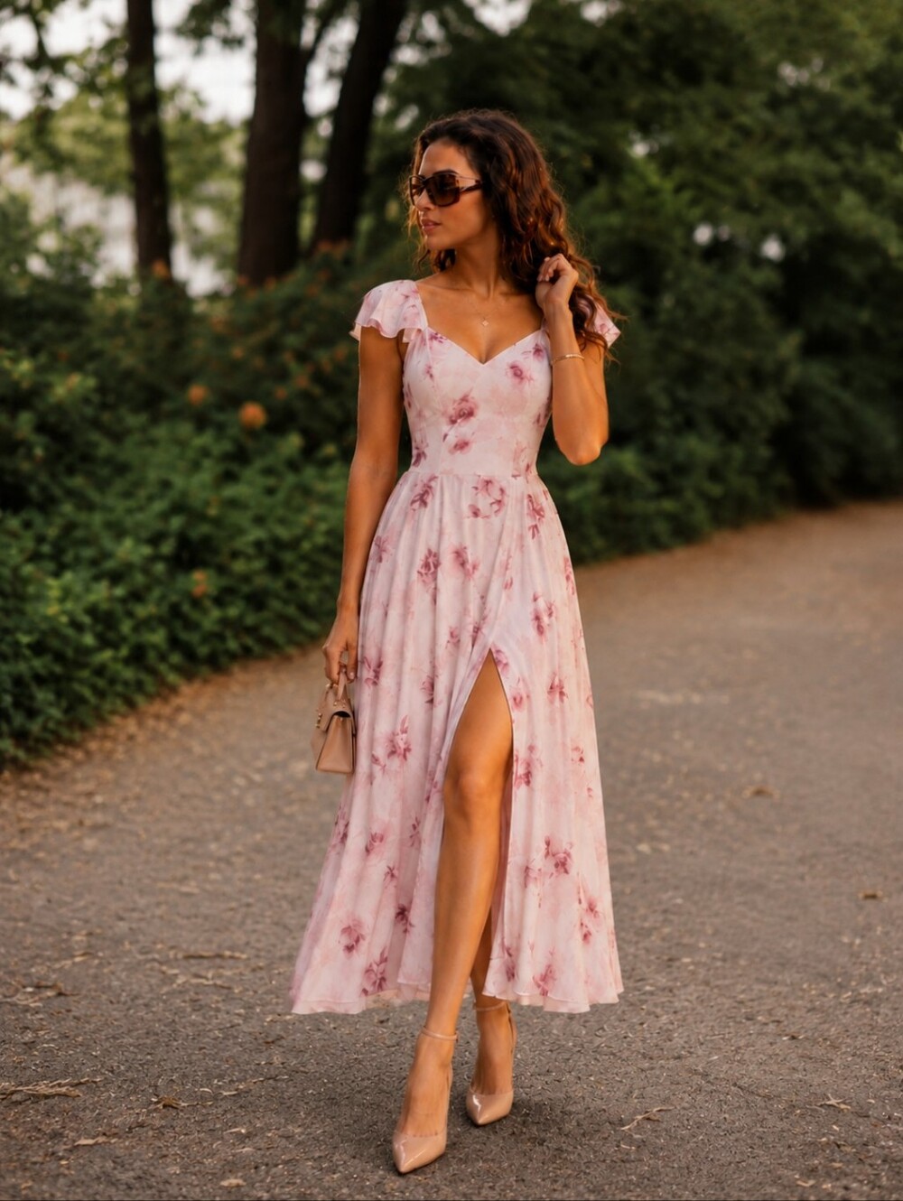 NWT! Abercrombie & Fitch Pink Floral Flutter Sleeve Midi Dress M Tall
